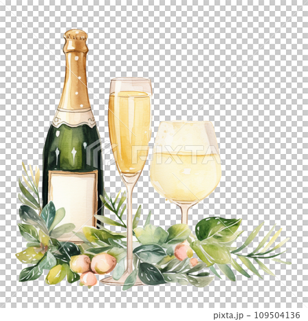 Champagne bottle with glass ,watercolor isolated on transparent background. Ai Generate Champagne bottle with glass ,watercolor isolated on transparent background. Ai Generate 109504136