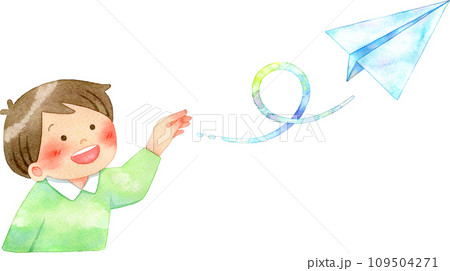 円を描く紙飛行機を飛ばす子供(男の子)の水彩イラスト 109504271