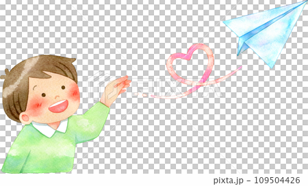 Watercolor illustration of a child (boy) flying a paper airplane drawing a heart Watercolor illustration of a child (boy) flying a paper airplane drawing a heart 109504426