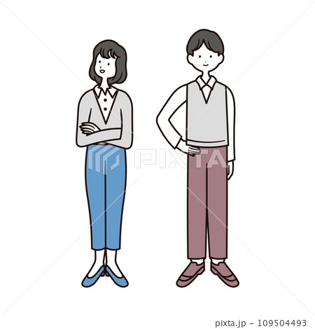 ビジネスカジュアルの服を着た男性と女性の全身のイラスト素材セット 109504493