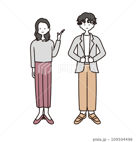 ビジネスカジュアルの服を着た男性と女性の全身のイラスト素材セット 109504496