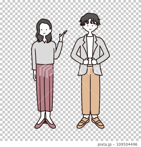 ビジネスカジュアルの服を着た男性と女性の全身のイラスト素材セット 109504496