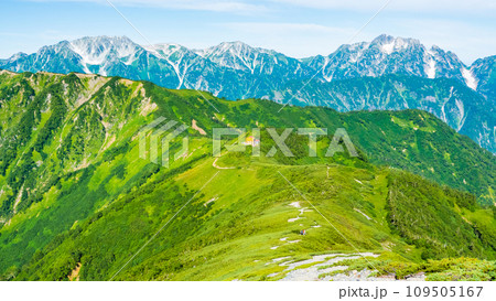 夏の爺ヶ岳登山（種池山荘～爺ヶ岳南峰の稜線から立山・剱岳方面の眺め） 109505167