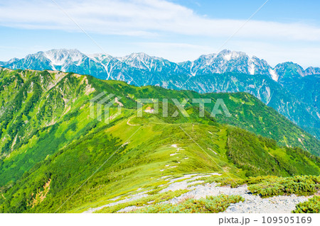 夏の爺ヶ岳登山（種池山荘～爺ヶ岳南峰の稜線から立山・剱岳方面の眺め） 109505169