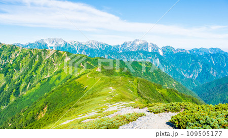 夏の爺ヶ岳登山（種池山荘～爺ヶ岳南峰の稜線から立山・剱岳方面の眺め） 109505177