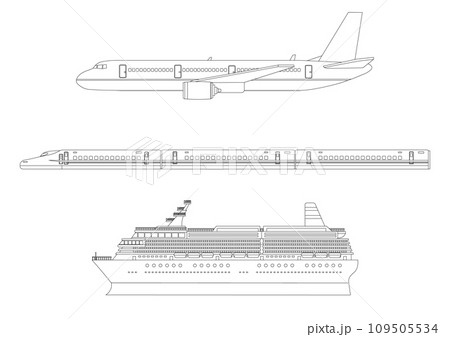 飛行機と新幹線と客船の線画 109505534