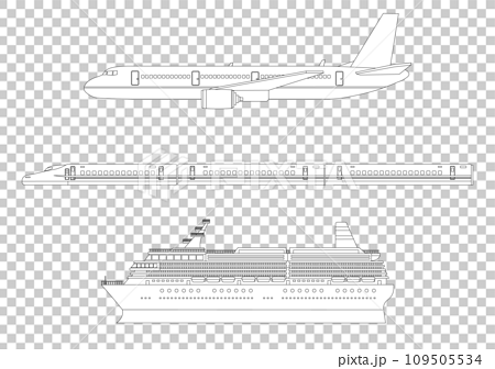 飛行機と新幹線と客船の線画 109505534