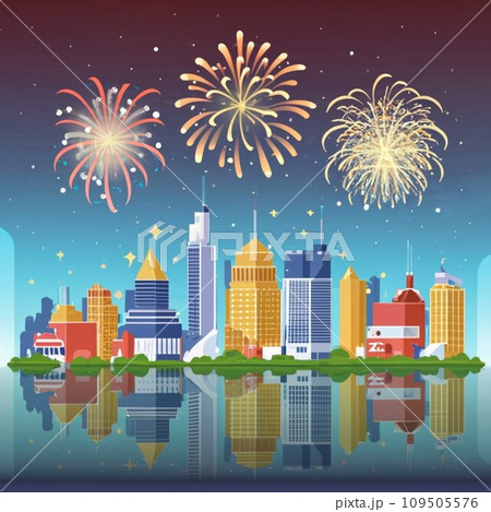 New year cityscape sparkling fireworks in new year New year cityscape sparkling fireworks in new year 109505576