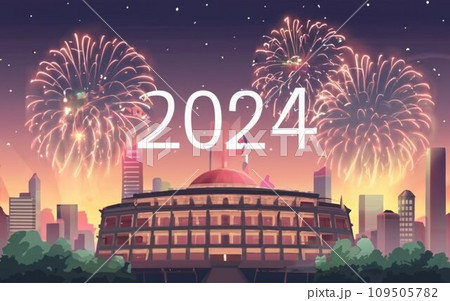 Building and fireworks with the text 2024 Building and fireworks with the text 2024 109505782