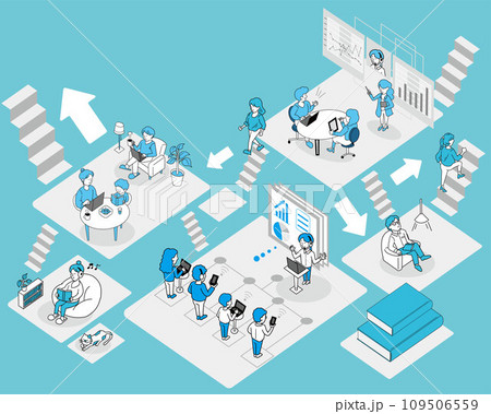 キャリアアップ・自分の居場所を探して勉強・仕事・休息をとるイメージイラスト（青） 109506559