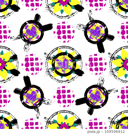 Seamless Color geometric pattern background, retro,vintage style, with circles, stripes, flowers, strokes and splashes Vector 109506912