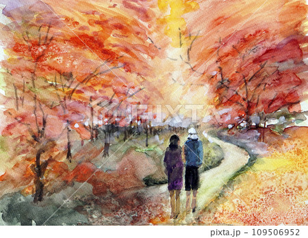 紅葉の小道を散歩する人のイラスト素材 [109506952] - PIXTA
