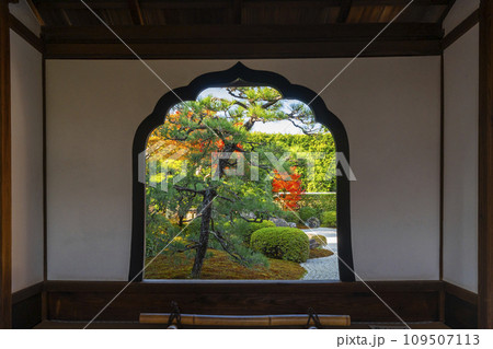 秋の京都　大徳寺塔頭　興臨院　火頭窓から見える庭園 109507113
