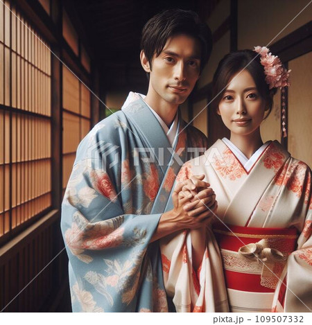 着物を着て手を合わせる夫婦 109507332