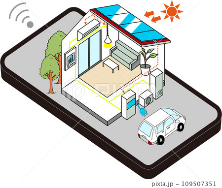 ZEH住宅・エコ住宅・省エネ住宅をスマートフォンで管理するイメージイラスト ZEH住宅・エコ住宅・省エネ住宅をスマートフォンで管理するイメージイラスト 109507351