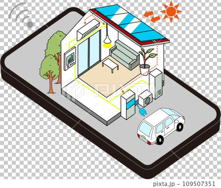 ZEH住宅・エコ住宅・省エネ住宅をスマートフォンで管理するイメージイラスト ZEH住宅・エコ住宅・省エネ住宅をスマートフォンで管理するイメージイラスト 109507351