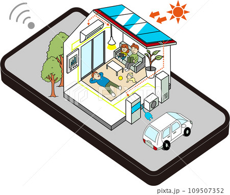ZEH住宅・エコ住宅・省エネ住宅をスマートフォンで管理するイメージイラスト 109507352
