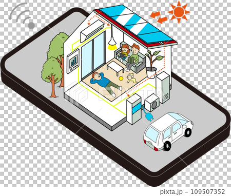 ZEH住宅・エコ住宅・省エネ住宅をスマートフォンで管理するイメージイラスト 109507352