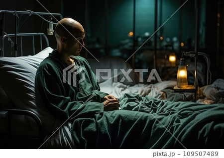 A sick man wearing a hospital gown is in the hospital. World Cancer Day Concept. Generative Ai. A sick man wearing a hospital gown is in the hospital. World Cancer Day Concept. Generative Ai. 109507489