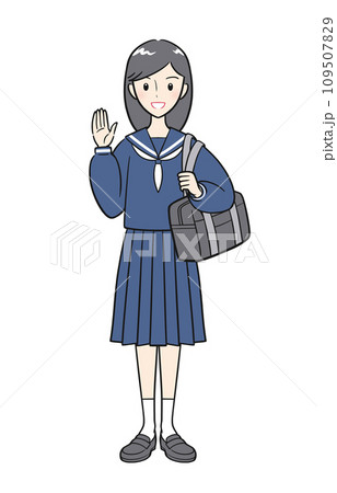 手を上げて挨拶をする制服を着た女子中学生 手を上げて挨拶をする制服を着た女子中学生 109507829