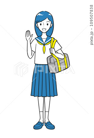 手を上げて挨拶をする夏の制服を着た女子中学生(シンプル) 手を上げて挨拶をする夏の制服を着た女子中学生(シンプル) 109507838