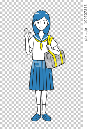 手を上げて挨拶をする夏の制服を着た女子中学生(シンプル) 手を上げて挨拶をする夏の制服を着た女子中学生(シンプル) 109507838