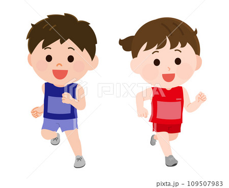 陸上競技　ユニフォームで走る男の子と女の子　イラスト 109507983