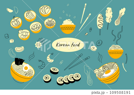 Korean food flat vector illustration set Traditional dishes ramen bibimbap kimchi pickled snack Korean food flat vector illustration set Traditional dishes ramen bibimbap kimchi pickled snack 109508191