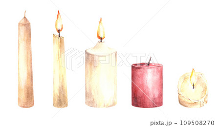 Watercolor set of burning and extinguished white end red wax candles with candlewick Hand drawn illustration. Candlelight clipart for card, interiors, birthday, holiday. Isolated on white background Watercolor set of burning and extinguished white end red wax candles with candlewick Hand drawn illustration. Candlelight clipart for card, interiors, birthday, holiday. Isolated on white background 109508270