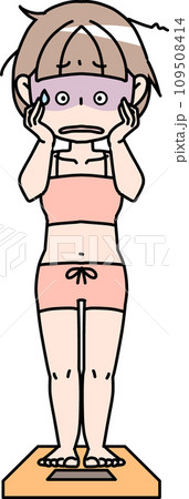 体重計に載って青ざめる女性　 109508414