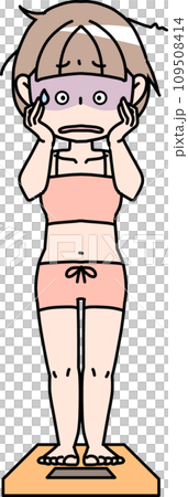 体重計に載って青ざめる女性　 109508414