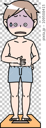 体重計に載って青ざめる男性　 109508415