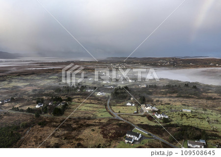 Aerial view of Lough fad in the morning fog, County Donegal, Republic of Ireland Aerial view of Lough fad in the morning fog, County Donegal, Republic of Ireland 109508645