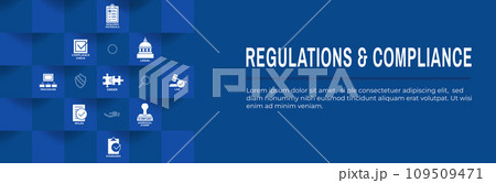 Regulations and Compliance Web Header Banner with Icon Set  - Governmental and Approval Stamp 109509471