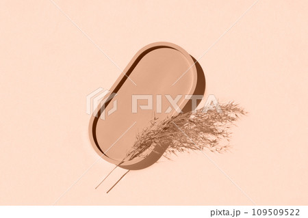 Podium for cosmetic product presentation. Abstract minimal geometrical form on beige background. Oval stone form, shadow. Scene, Showcase, display. Minimal design. Trendy sunlight. Flat lay, Top View 109509522