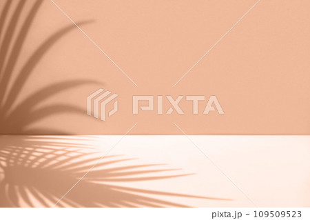 Minimal abstract background with shadow of tropical palm leaves. Presentation of cosmetic product. Premium podium on pastel peach fuzz wall and white table. Showcase, display case, Front view. Mockup Minimal abstract background with shadow of tropical palm leaves. Presentation of cosmetic product. Premium podium on pastel peach fuzz wall and white table. Showcase, display case, Front view. Mockup 109509523