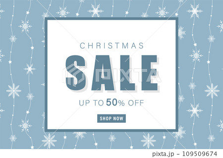 Christmas sale banner template. Advertising background with snowflakes. Promotion poster with button Shop Now. Discount 50. Vector illustration in flat cartoon style 109509674