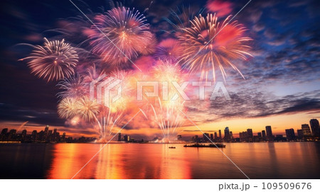 AI-generated content. Firework explosion in the night sky celebrating happy new year 2024 109509676