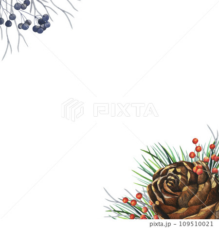 Winter watercolour frame with pine cone, fir branch, red berry, blue berries, abstract branches. Winter holiday botanical new year illustration. Painting for banner, card and print design. Hand drawn 109510021