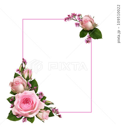 Pink rose flowers and limonium in a corner floral arrangements with frame isolated on white Pink rose flowers and limonium in a corner floral arrangements with frame isolated on white 109510022