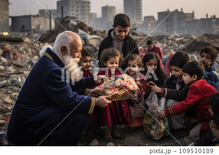 AI-generated content. Santa Claus giving christmas gift to children with comeliness 109510189