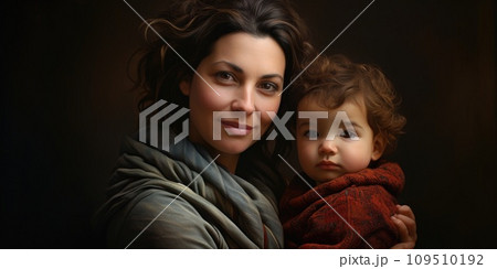 AI-generated content. mother with child portrait looking at camera hug together showing comeliness 109510192