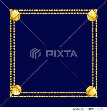 watercolor square frame with Christmas tree toys with shiny golden bells, garlands of gold glitter beads, golden vintage bells, illustration with Christmas decoration on blue background 109510249