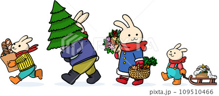 クリスマスを楽しむウサギの家族 109510466