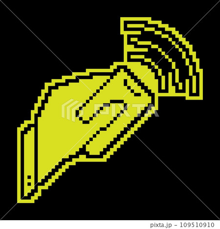 Pixel silhouette icon. Hand holds TV control panel and presses the button with thumb. Remote control of digital devices. Simple black and yellow vector isolated 109510910