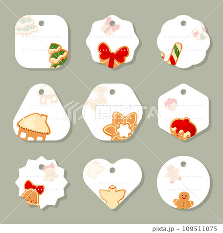 Christmas label gift mini tags holiday flat set. Paper sticker decoration packing price gingerbread house gift tree strawberry ball candy bell snowflake angel man note new year greeting discount sale 109511075