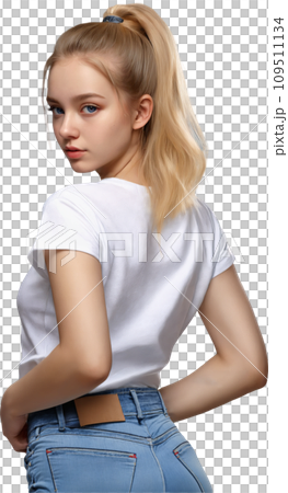 穿著白襯衫和牛仔褲的女人 109511134