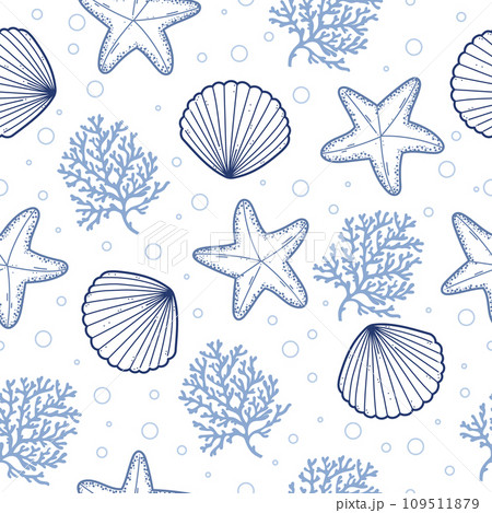 Marine background seamless pattern with seashells, corals and starfishes 109511879