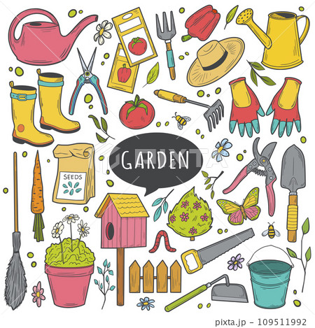 Garden tools doodle color set. Outline vector Illustration, gardening and horticulture. Home Agriculture equipment. 109511992