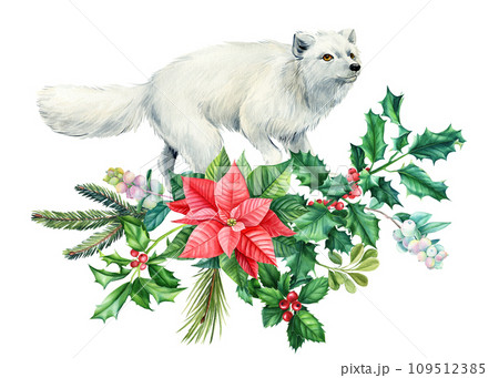 Christmas holiday animal, cute arctic fox isolated on white background. Hand drawn watercolor illustration Christmas holiday animal, cute arctic fox isolated on white background. Hand drawn watercolor illustration 109512385